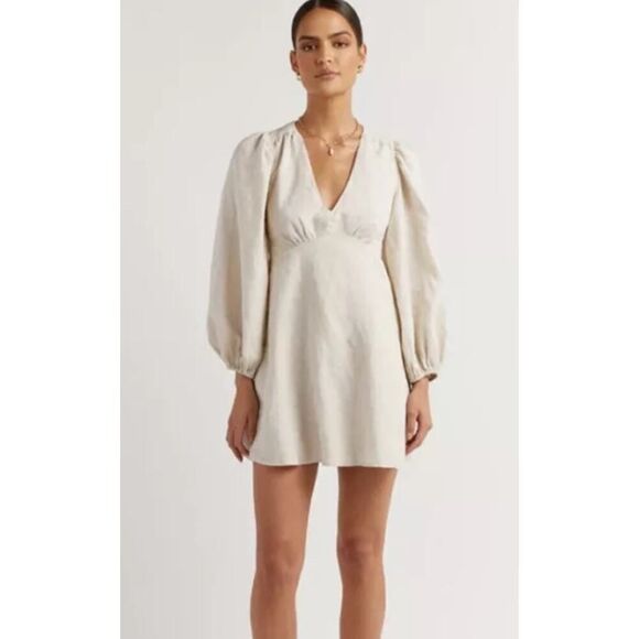 NWT DISSH Rosa WHITE Linen Mini Dress Size 8 Puff sleeves Open back - Picture 2 of 7